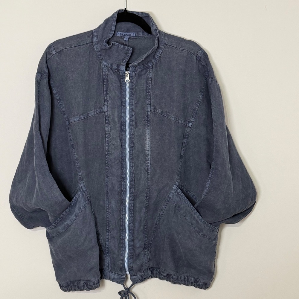 B.Loose Greek Linen Zip Jacket 3/4 Sleeve Drawstring Navy Size 2 Lagenlook Boho